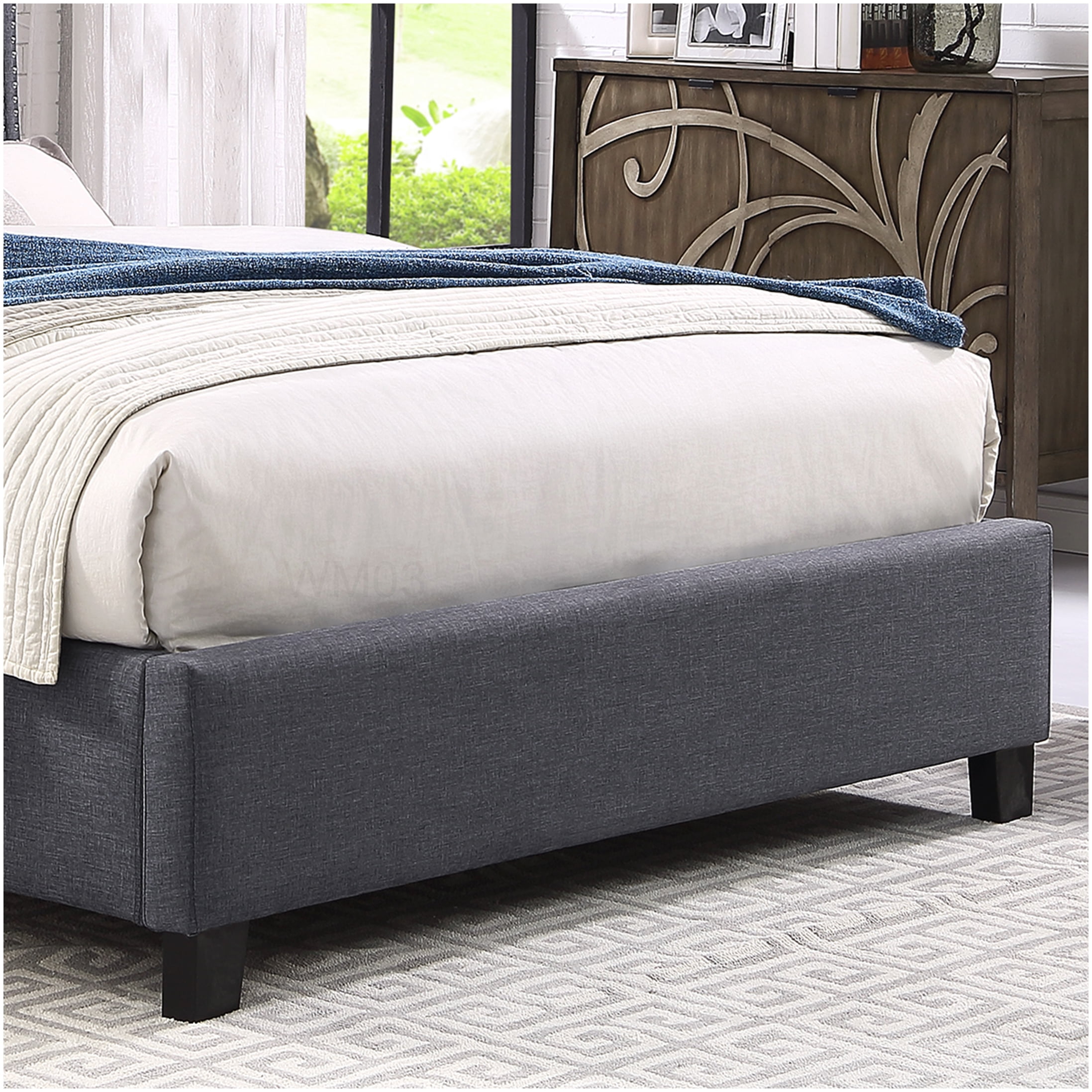 Queen Size Upholstered Bed Frame with Wingback Headboard, Nailhead Trim and Button Tufted Accents, Gray Fabric
