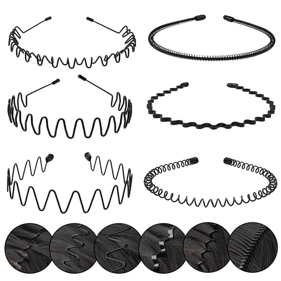 6 Pack Metal Headbands – Non-Slip Wavy Hair Bands for Men & Women – Adjustable Elastic Sports Headband for Gym, Running, Face Wash & Daily Skincare – Sleek Black Hair Hoop Accessories