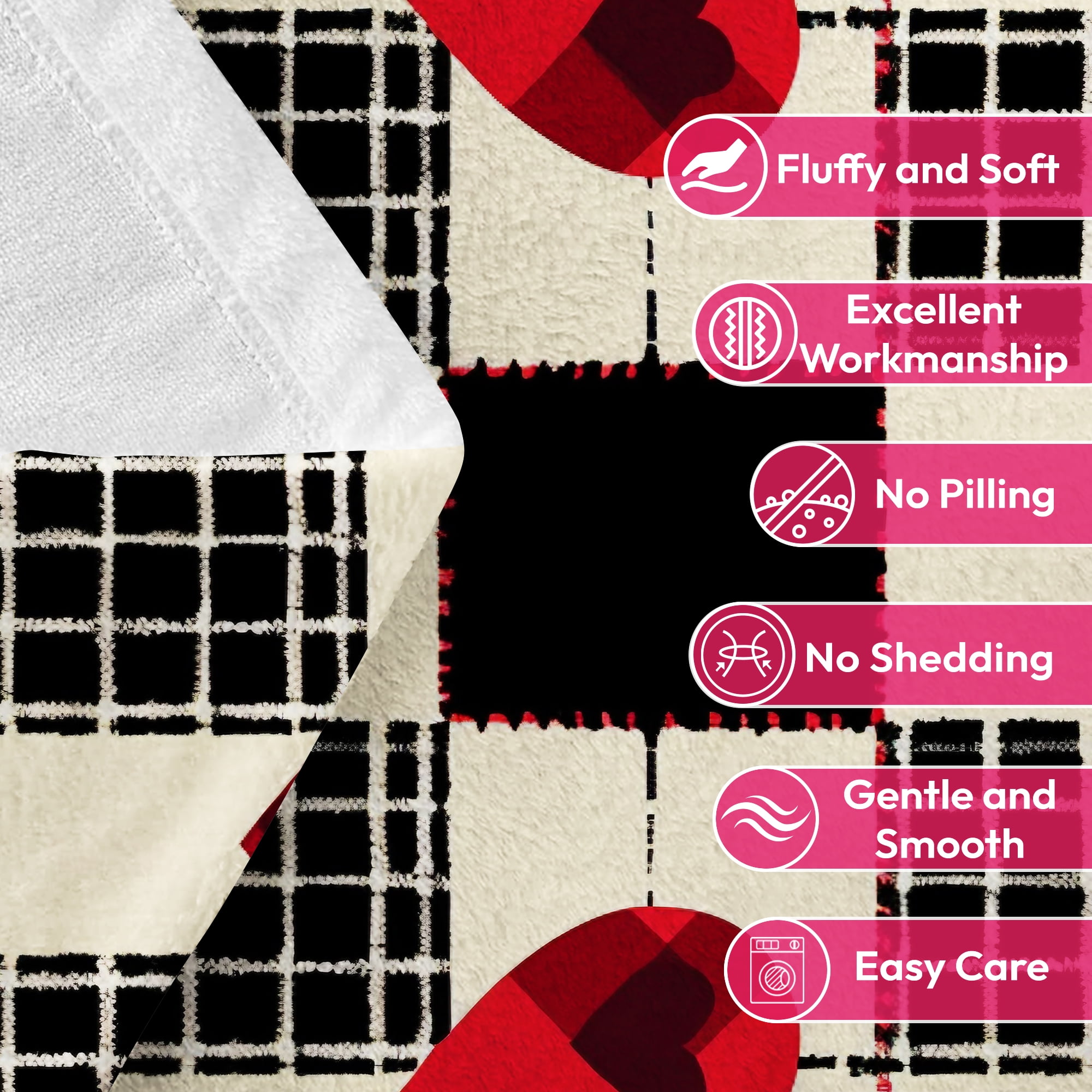 Flannel Fleece Throw Blanket, Soft Large Throw Blanket, Lightweight Cozy Plush Throw Blanket Fit Sofa Bed, 50"x60", Heart & Plaid pattern