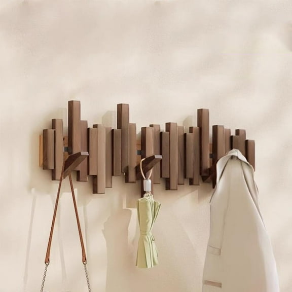 QHUDLV Wood Coat Rack,Wall Mounted Flip Hooks,No‑Drill High‑Bearing Design