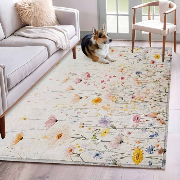 Spring Flowers Area Rug 3x5 Washable Rug Non Slip Pastoral Vintage Botanical Floral Large Area Rug Indoor Floor Carpet for Entryway Bedroom Kitchen Living Room Home Office Dining Room Nursery