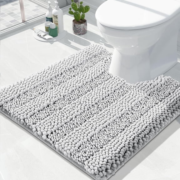 U Shaped Toilet Bath Rug, Luxury Chenille Contour Mat for Bathroom, Soft Comfortable Shaggy Commode Rug, Water Absorption, Non-Slip, Extra Thick, Machine Wash, 24 x 24 Inch, Silver