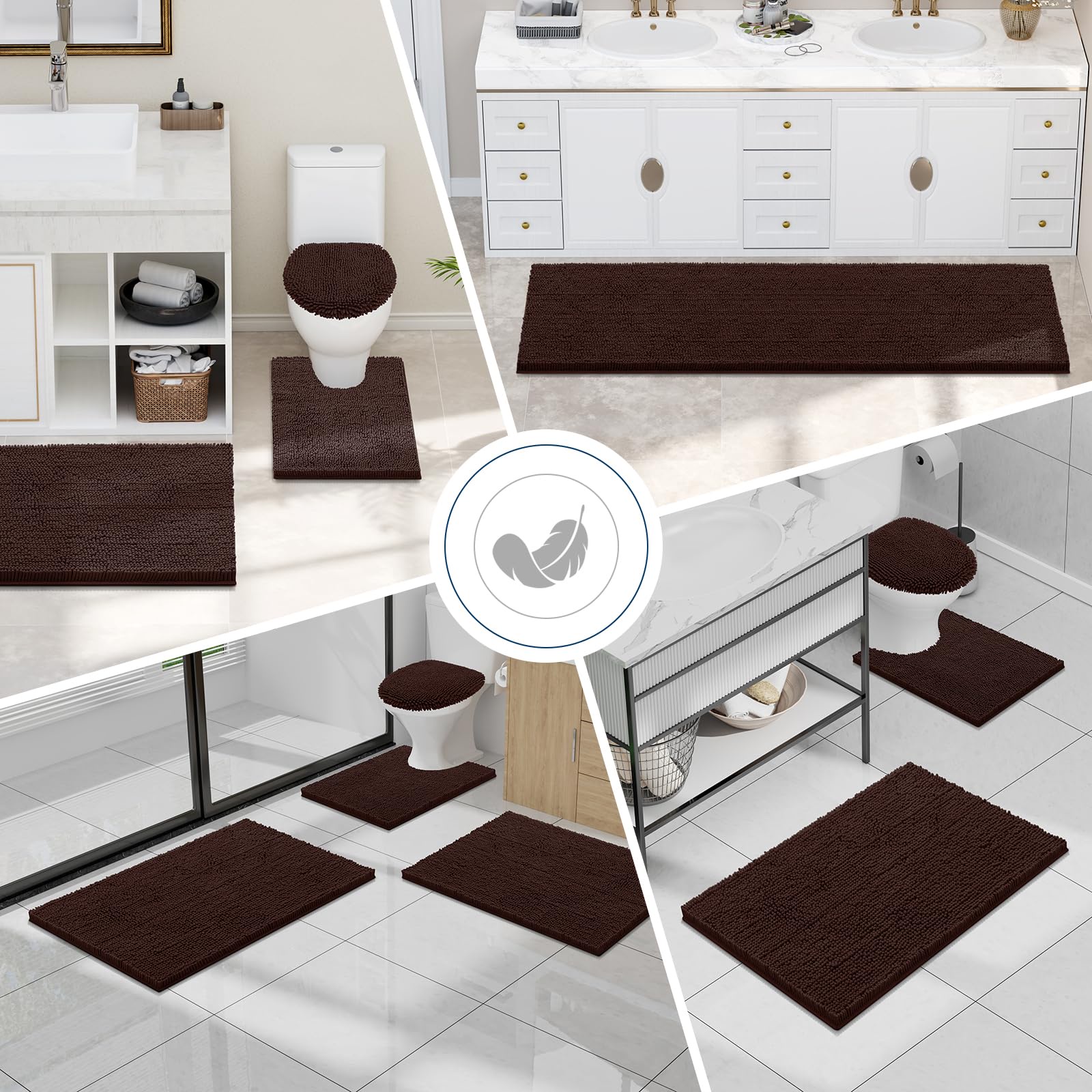 Smiry Bathroom Rugs Sets 2 Piece, Soft Absorbent Chenille Bath Rug Set, Non Slip Machine Washable Shaggy Bath Mats for Tub, Shower, and Floor (30x20+24x16, Brown)