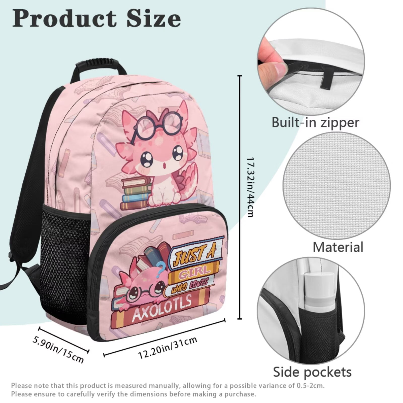 Pzuqiu Book Axolotl Girls Backpack Set of 4 17 Inch School Bookbag Purse with Reusable Lunch Tote Bag Pencil Case 2pcs Bookmark for Kids Elementary Middle Schoolbags