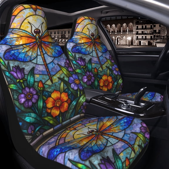 Stained Glass Dragonfly Art Car Seat Covers Set of 2 for Women and Men, Universal Fit Bucket Seat Protectors for Cars, SUVs, Sedans and Trucks, Soft Breathable Polyester, Front Seats Only