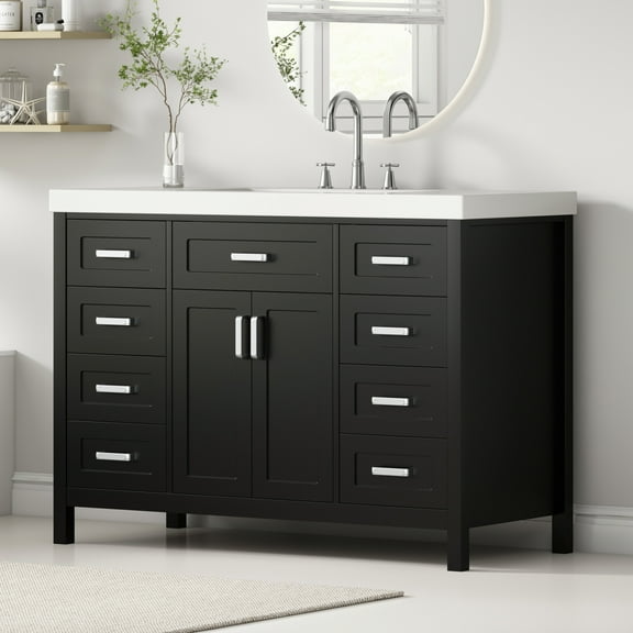 Christopher Knight Home 48" Bathroom Vanity with Sink, 2 Doors 8 Soft Close Drawers, Solid Wood MDF, Black