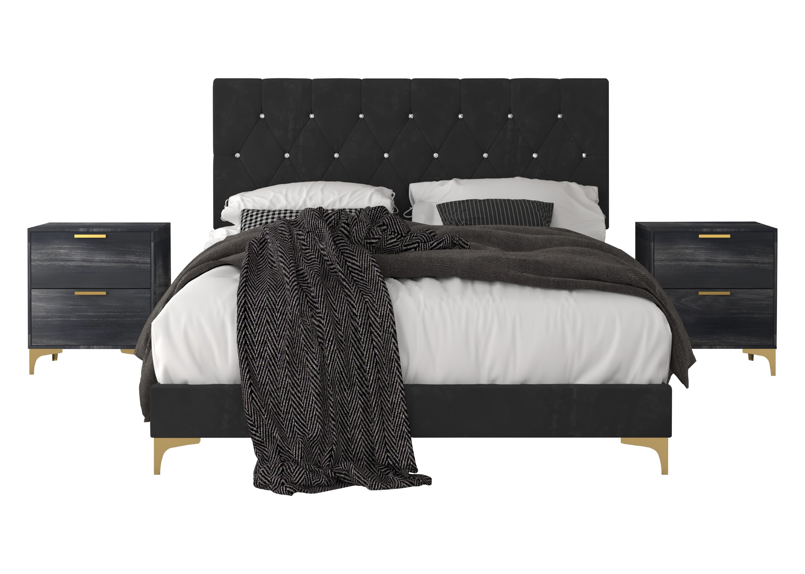 Home Design Sana Queen Upholstered Panel Bed Frame with 2 Nightstands for Adult Bedroom, Modern Style
