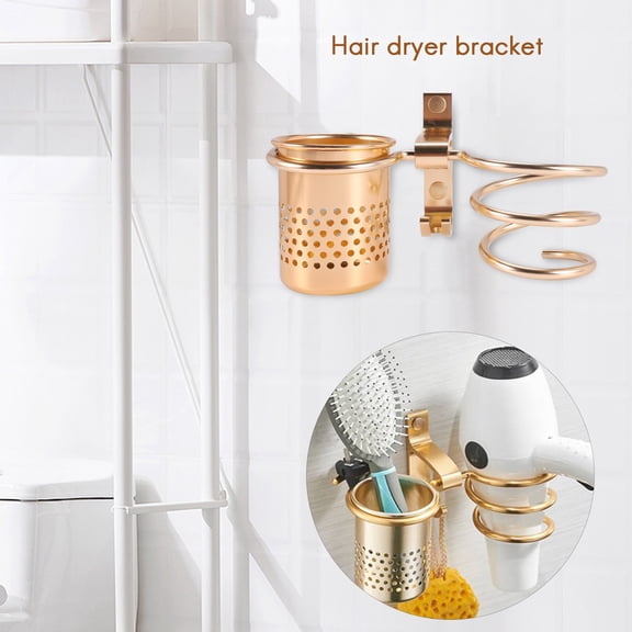 Hair Dryer Holder With Cup Households Rack Hair Blow Dryer Shelf Metal Wall Mount Bathroom Accessories Gold Hair Dryer Rack Gold