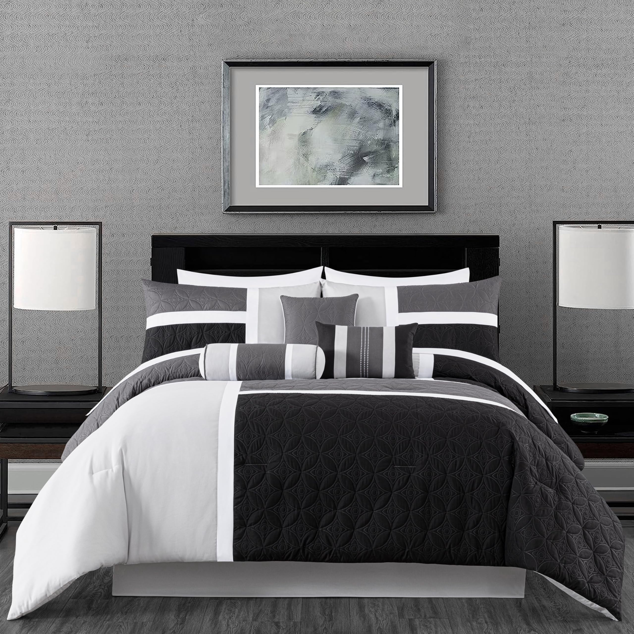 Chezmoi Collection 7-Piece Medallion Patchwork Comforter Set, Full, Black/Gray/Light Gray