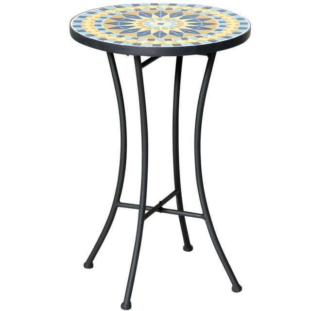 Outsunny Mosaic Table, Round Patio Table for Garden, Yellow
