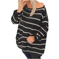 thumbnail image 2 of Qetyuw Women's Striped Long Sleeve Sweaters Casual Boat Neck Chunky Pullover Sweater Crochet Knit Loose Fit Jumpers, 2 of 7