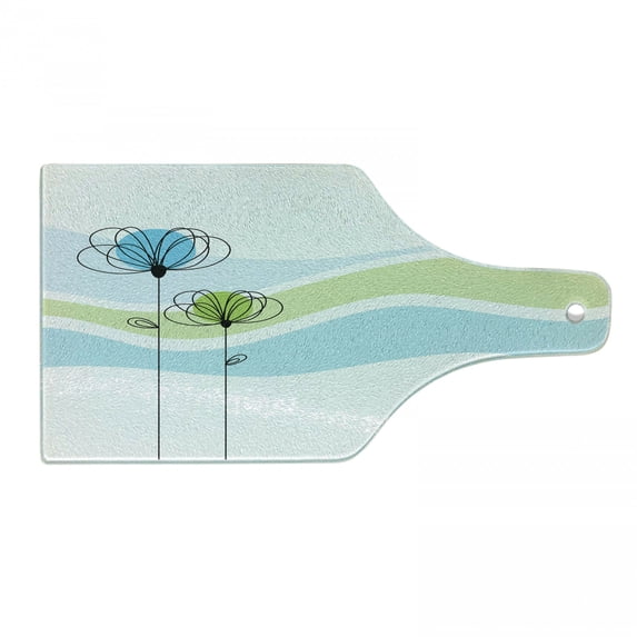 Flowers Cutting Board, Summer Flowers with Colors and Wave Backgorund Life Season, Decorative Tempered Glass Cutting and Serving Board, Wine Bottle Shape, Apple Green Aqua, by Ambesonne