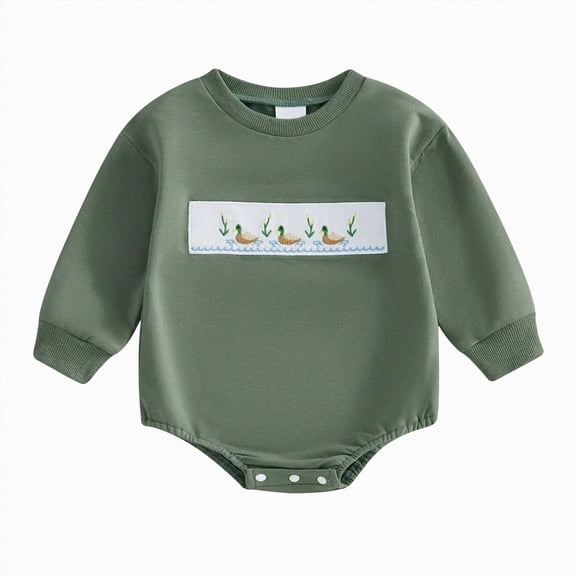larppty Baby Boy Hunting Outfit Duck Embroidery Baby Romper Long Sleeve Crew Neck Bodysuit Newborn Infant Fall Clothes