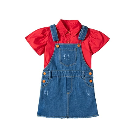 

Calsunbaby Toddlers Infants Kid Girl 2PCS Streetwear Suit Short Sleeve Turn-Down Collar Button Shirt Pocket Denim Suspender Skirt