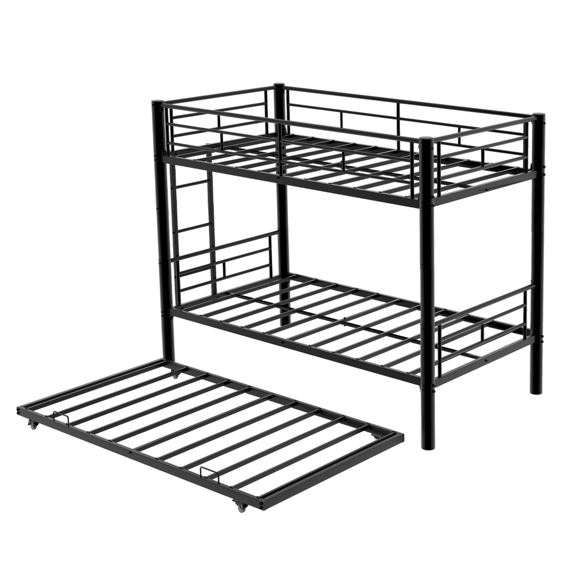 Twin over Twin Size Bunk Bed with Trundle, Heavy Duty Metal Bunk Bedframe with Ladder and Guardrails, Detachable Bunk Beds for Boys Girls