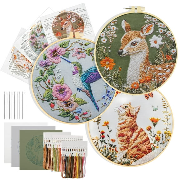 3pcs Embroidery Kit, EEEkit Animal Flower Pattern Cross Stitch Sewing Set with Hoops