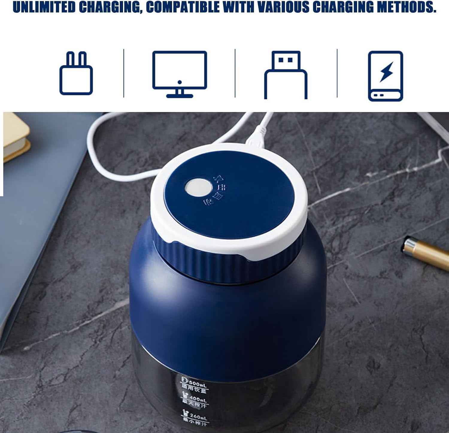2025 New USB(Type-C) Rechargeable Hand Blender—Directly Squeezed, Wireless Portable Electric Blender, No Filter Required, One Cup with Double Lid, for Home, Office (Blue-1Pc)