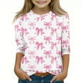 thumbnail image 3 of Ugoldhm Tees for Girls Bow Graphic 3/4 Sleeve Round Neck Tops Causal Summer Fall Kids Shirts, 3 of 5