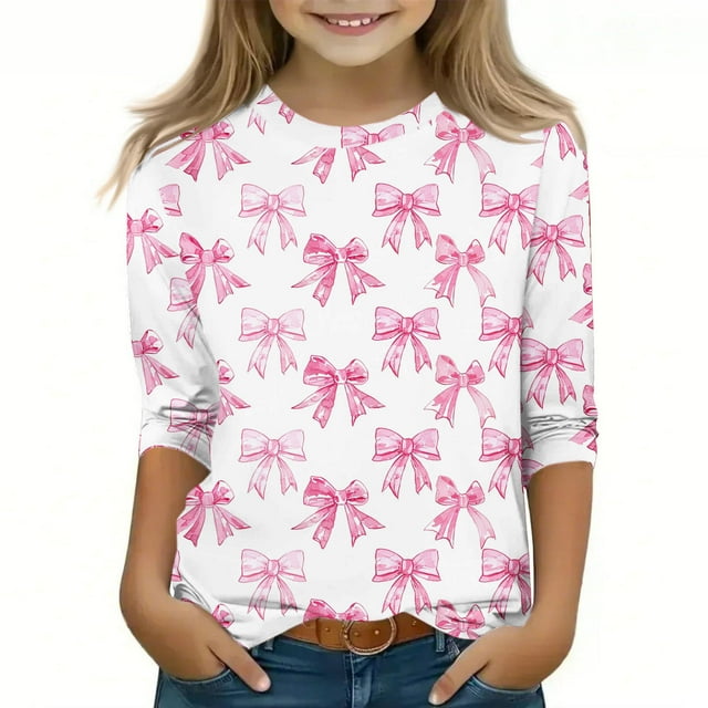 YUNAFFT T-Shirt Extensible Doux pour Enfants 2-12 Ans Mode Imprimé Manches 3/4 & Longues Col Rond Chandail Poly-Spandex Mélange Décontracté Usage Quotidien