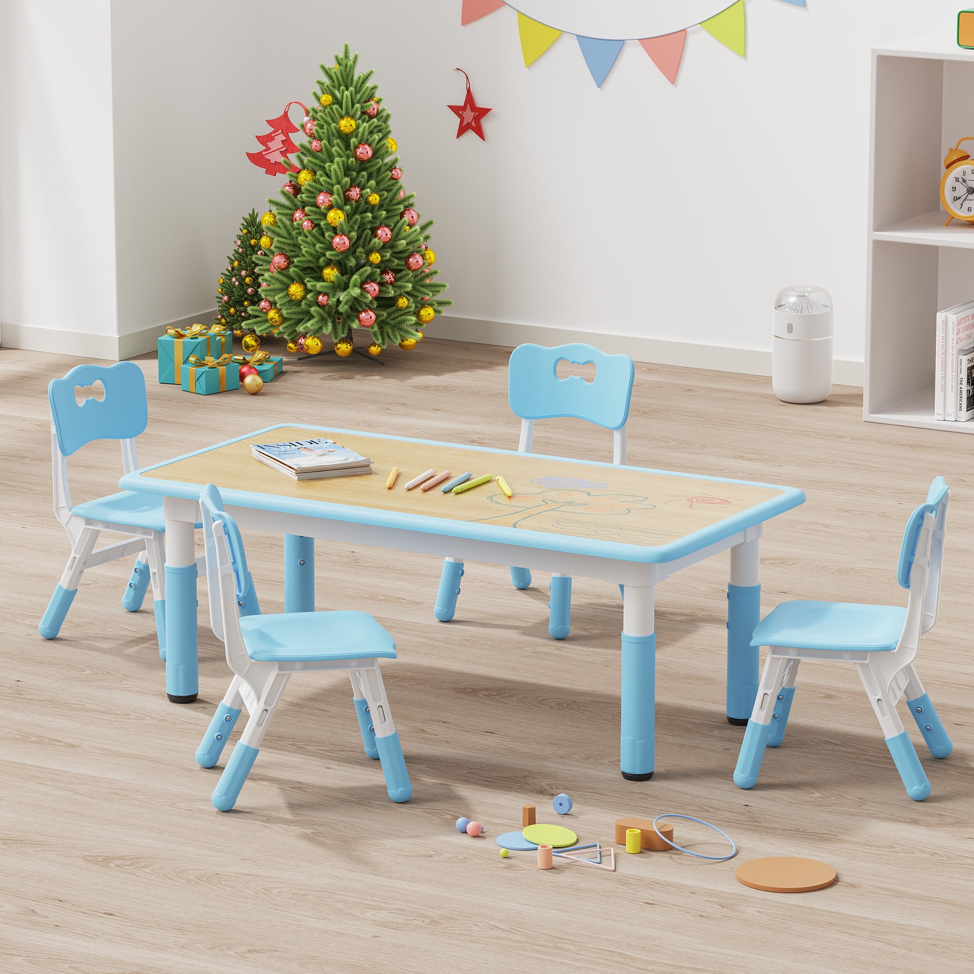 Brelley Toddler Table and Chairs Blue in Wooden Finish, Height