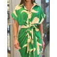thumbnail image 3 of Women Button Down Ruched Shirt Dress Short Sleeve Lapel V Neck Elegant Party Maxi Floral Dress with Belt Green L, 3 of 5