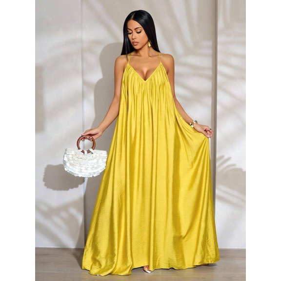Womens Yellow Boho Deep V-Neck Spaghetti Strap Draped Maxi Dress For Beach, Weddings & Evening Events