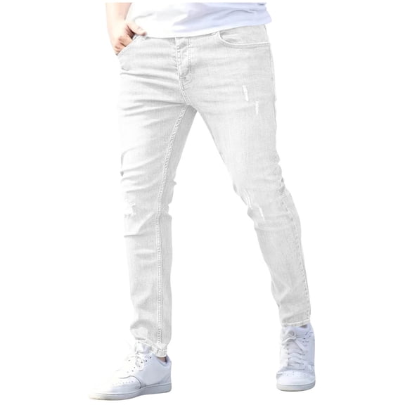 vdgthytj Jean Pants for Men Stretch Slim Fitted Washed Distressed Casual Tapered Denim Trousers with Pockets(X-Large,White)