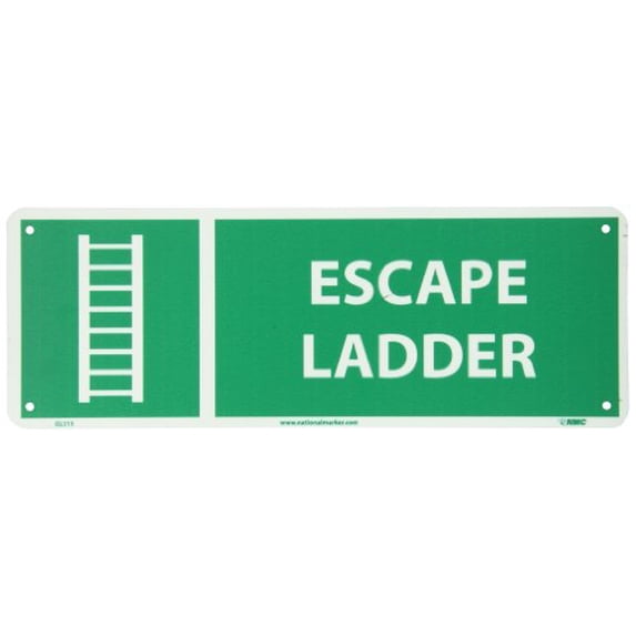 NMC GL313R Fire Sign, Legend "EXCAPE LADDER" with Graphic, 14" Length x 5" Height, Glow Rigid, Yellow on Green