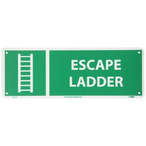NMC GL313R Fire Sign, Legend "EXCAPE LADDER" with Graphic, 14" Length x 5" Height, Glow Rigid, Yellow on Green