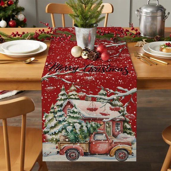 Table Runner 36 Inches Long - Christmas Tree Farm Truck Decorative Table Scarf, Snowy Farmhouse on Red Dining Table Runners for Wedding Party Kitchen Dining Tables