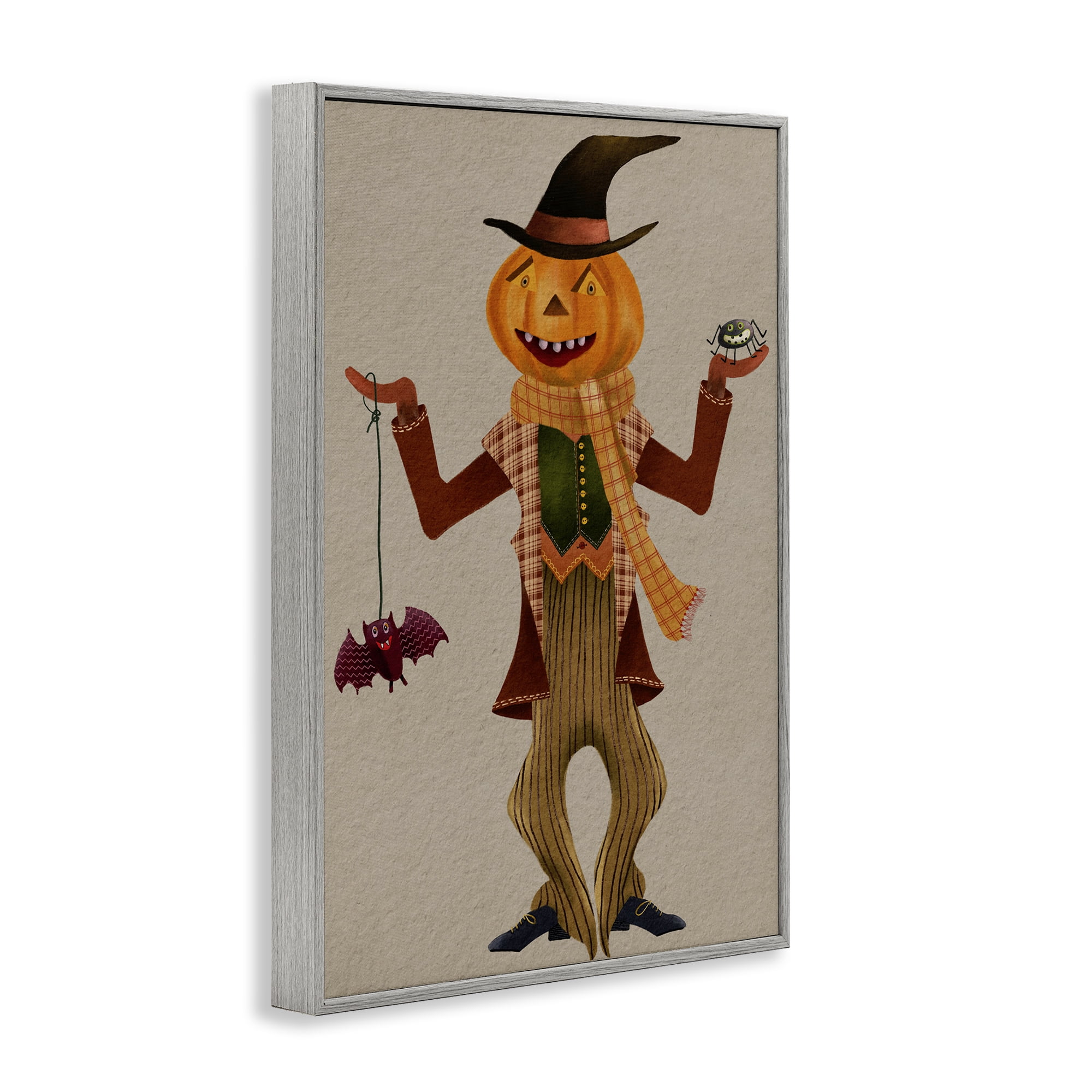Stupell Industries Halloween Scarecrow & Bat Holiday Painting Gray Framed Art Print Wall Art, 12 x 18