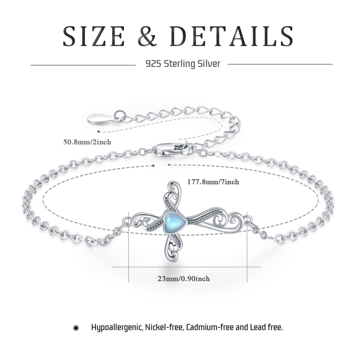 Coachuhhar Cross Bracelet 925 Sterling Silver Heart Moonstone Bracelet Cross Jewelry Gifts for Women Girls