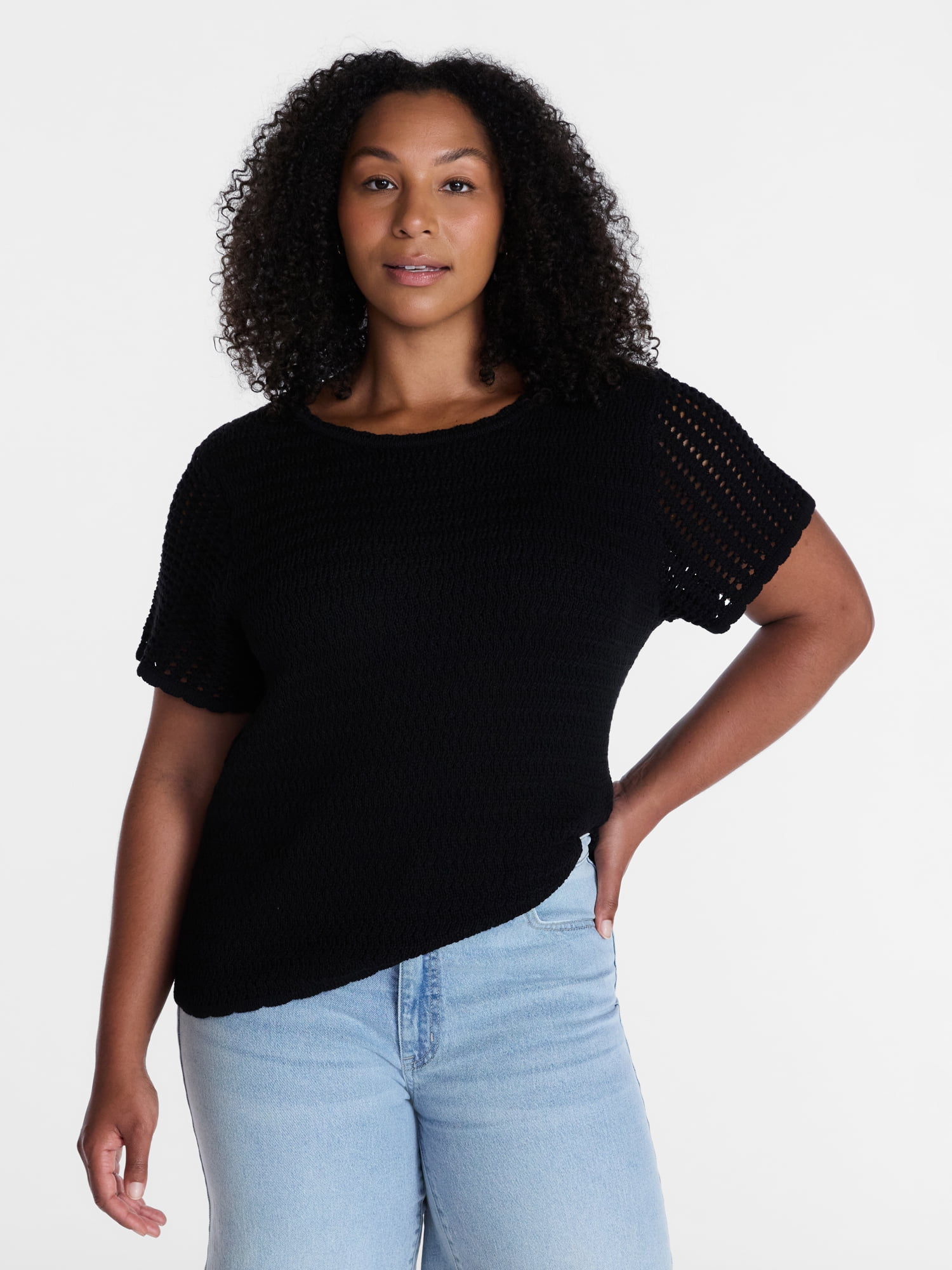 Time and Tru Women's Textured Crewneck Sweater with Short Sleeves, Lightweight, Sizes XS-XXXL