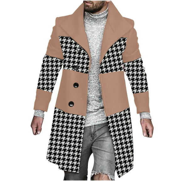 Holloyiver Men Casual Tops Printed Patchwork Woolen Coat Long Sleeve Turn-down Collar Jacket Khaki