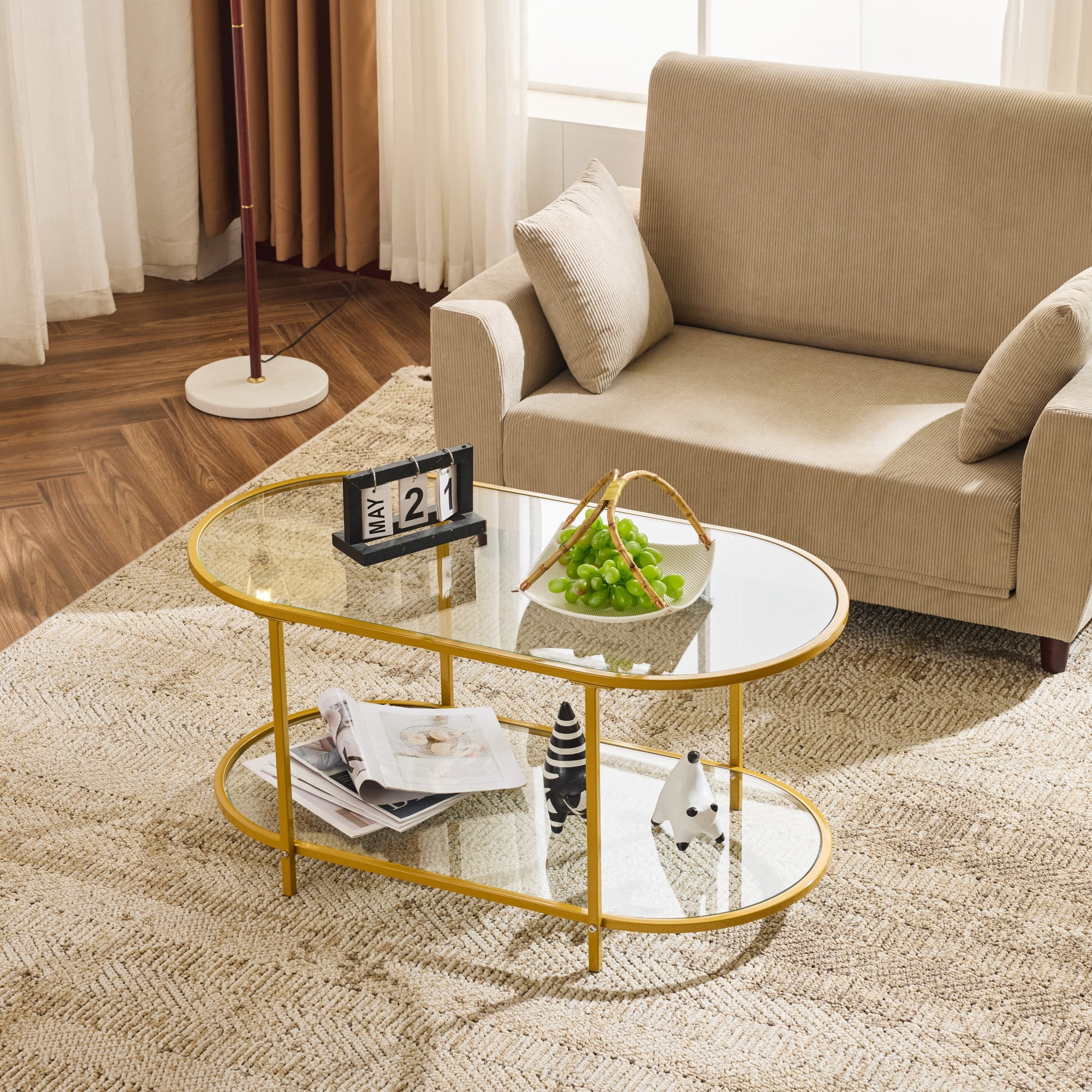 Ktaxon Rustic Coffee Table, Transparent Glass 2-Tier Oval Vintage Minimalist Design Center Table Rust Resistant Narrow Table for Living Room, Gold