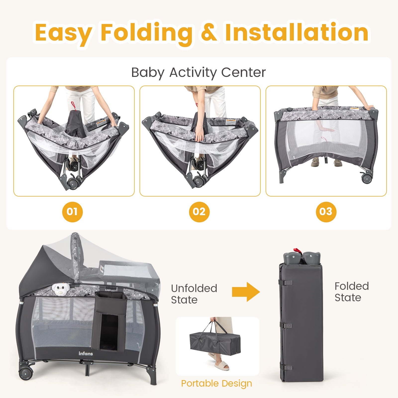 INFANS 4 in 1 Pack and Play, Portable Travel Baby Playard with Bassinet, Changing Table, Canopy, Mosquito Net, Hanging Toys, Music Box, Storage Bag, Large Playpen from Newborn to Toddlers