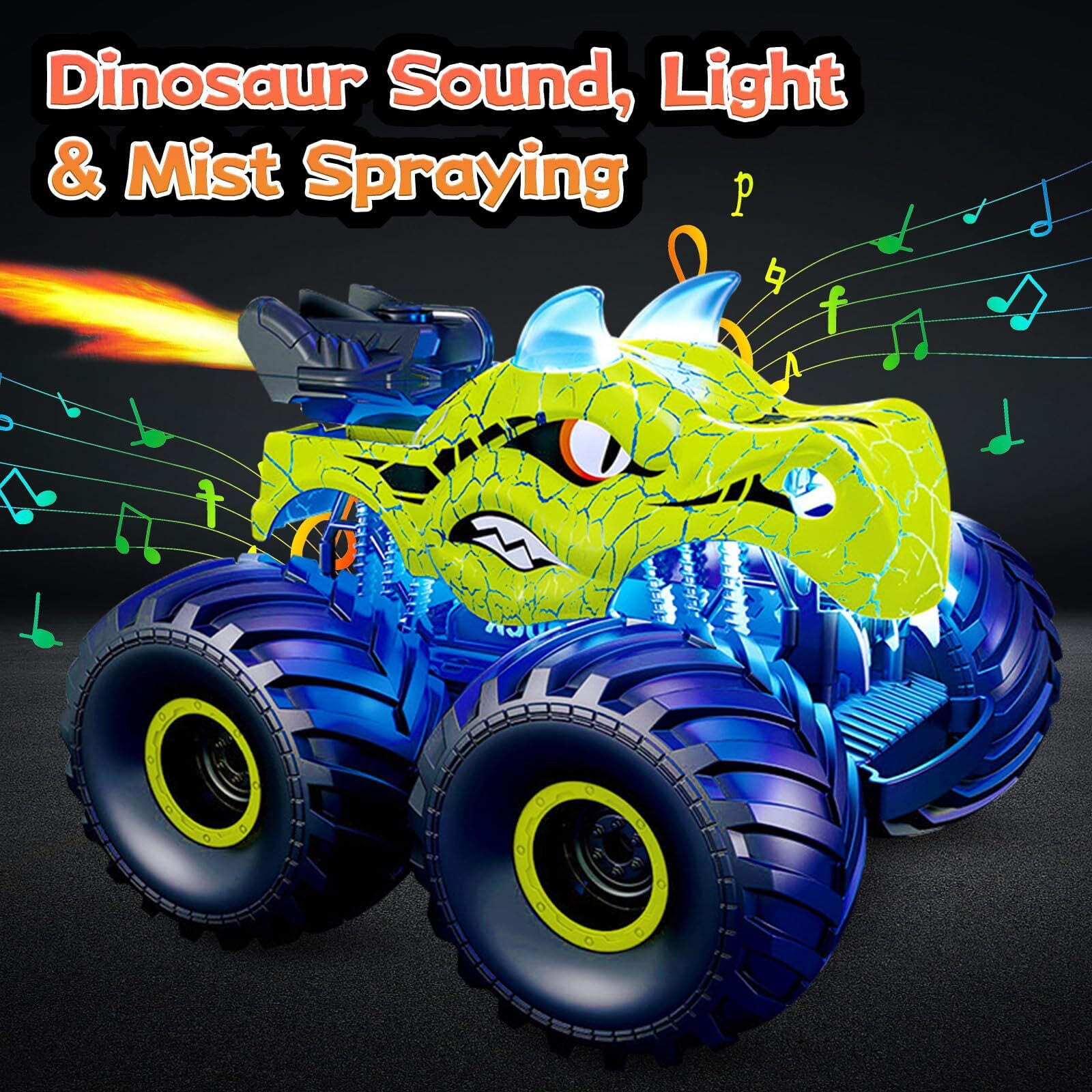 JUGAAD LIFE Dinosaur Remote Control Car 2.4GHz RC Monster Trucks for Boys Girls with Light, Sound & Spray, Dinosaur Toys Gift for Kids 3 4 5 6 7 8 Years Old-Green
