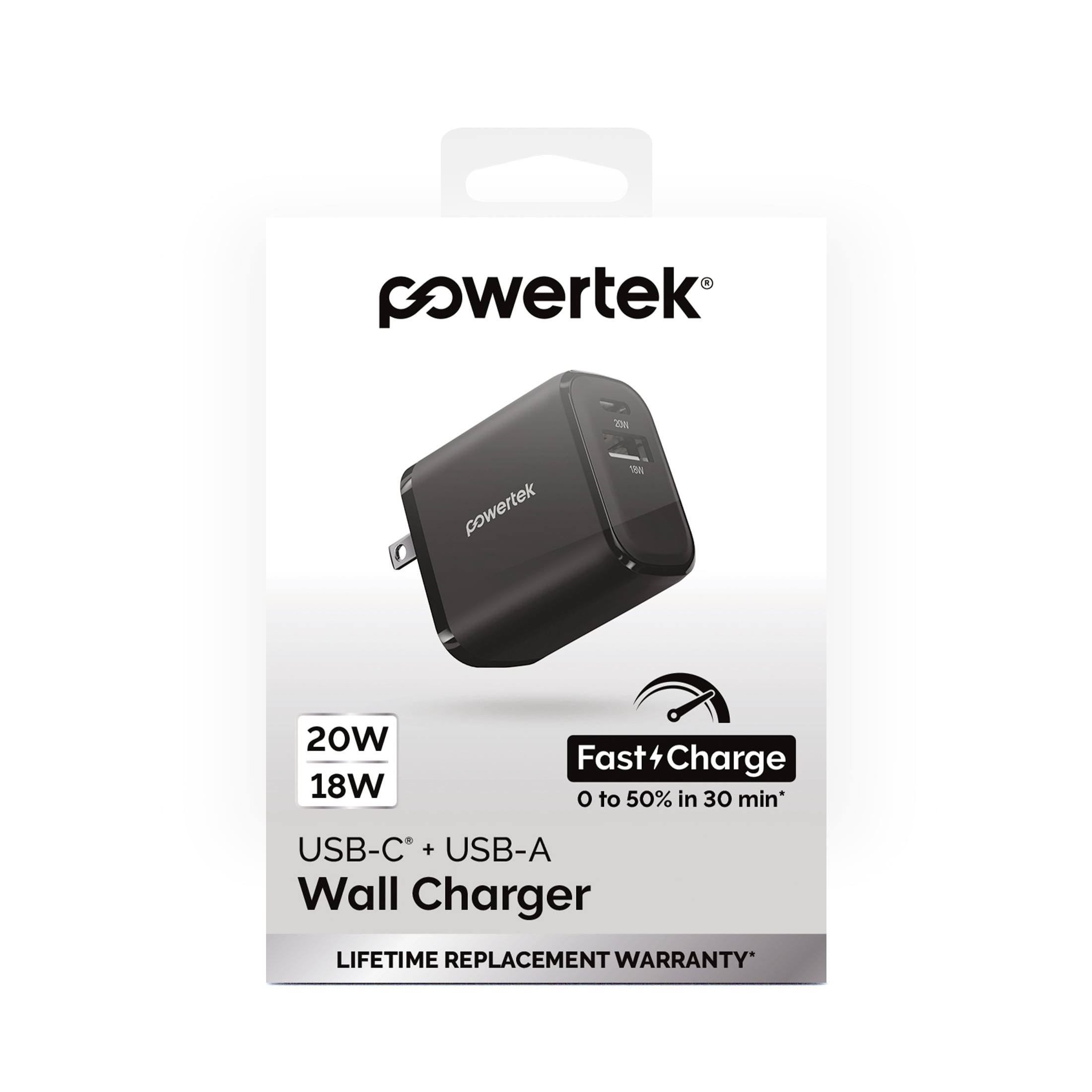 Powertek 20W USB-C + USB-A Wall Charger, Fast Charging Power Delivery Cube, Dual Port Compact Charger, Black
