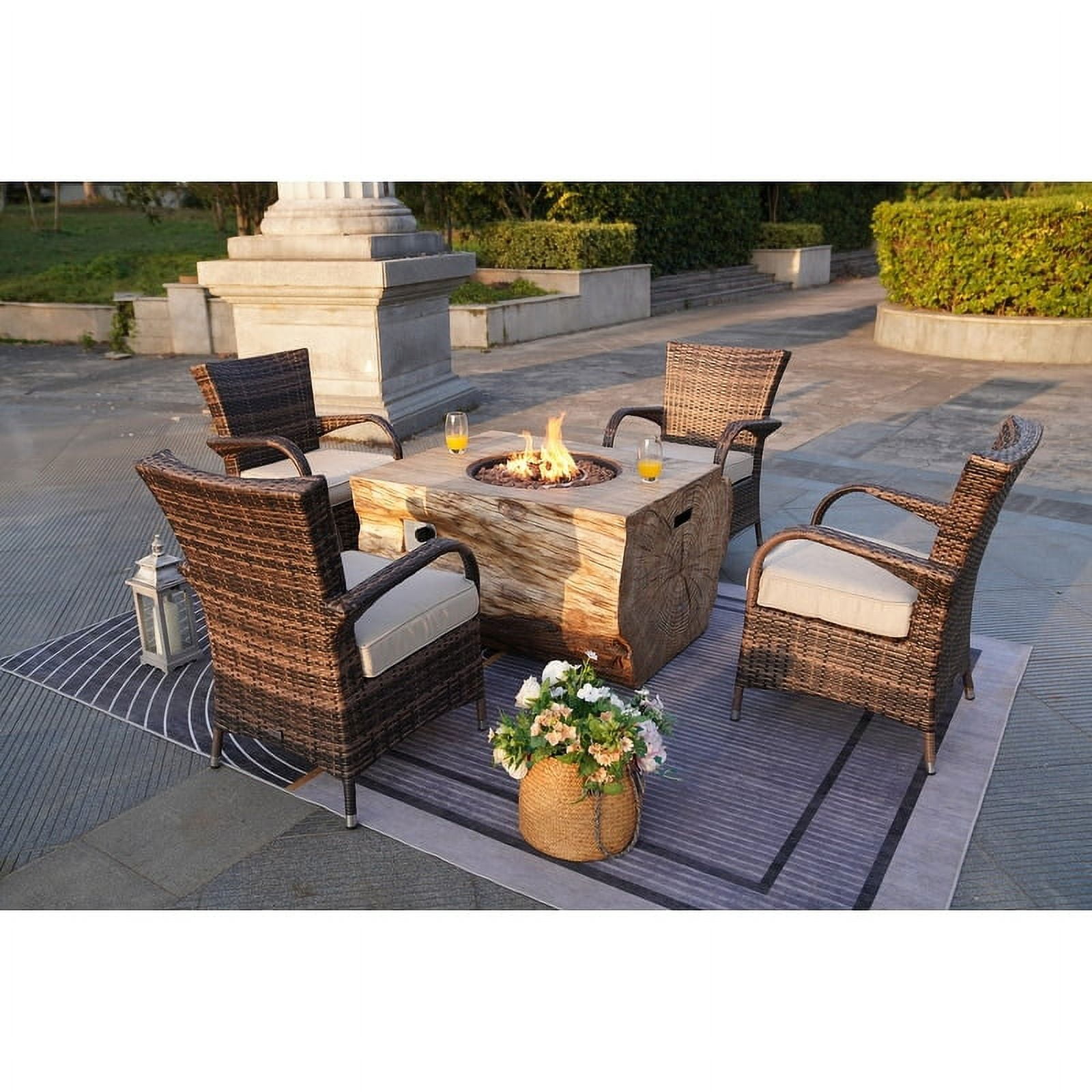 5-Piece Fire Pit Table Set Outdoor Patio Furniture with 40" Gas Fire Pit Table and Four Wicker Chair