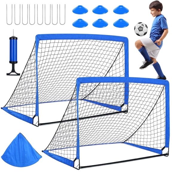Hijob 2 Pack 4x3ft Soccer Goals&Ball Set for Kids/Teenagers, Portable Pop Up Training Kits for Backyard/Outdoors (Blue)