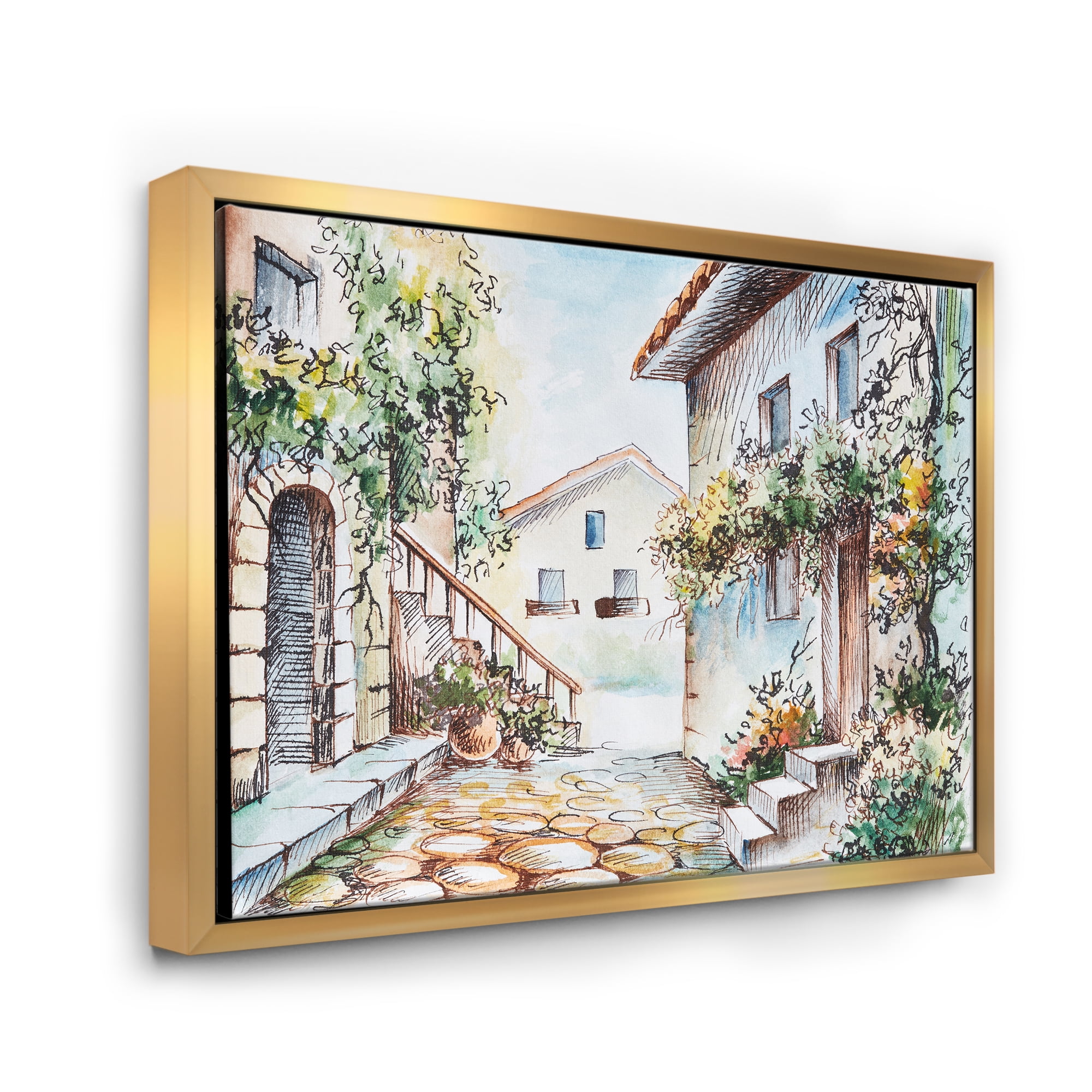 Designart 'Sunny Day At The Vintage City Cozy Street' Traditional Framed Canvas Wall Art Print