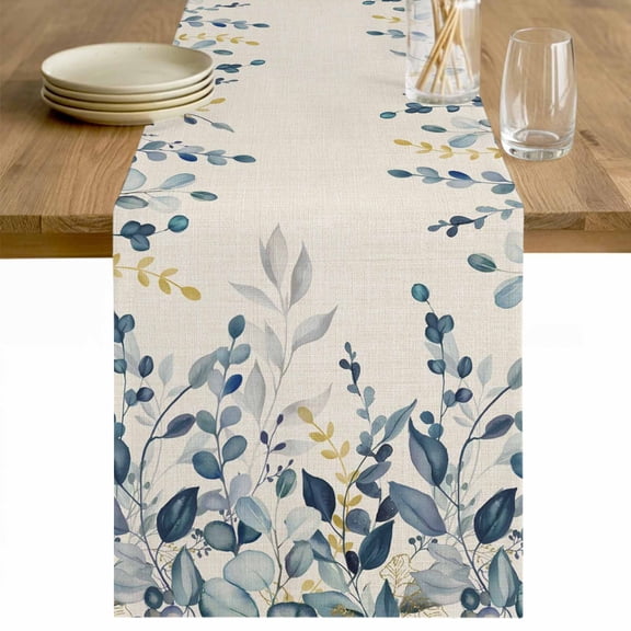 Navy Blue Eucalyptus Table Runner - 120 Inch Long Farmhouse Weeping Leaves Linen Cotton and Linen Blended Dress Scarves Farmhouse Table Runner for Kitchen Dining, Coffee Table, 13" x 120"