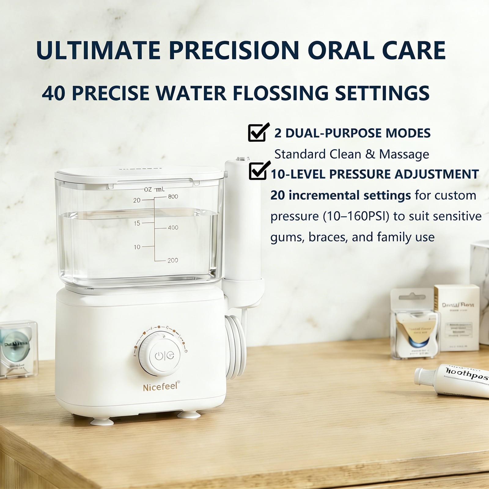 2 Modes Countertop Water Flosser with 40 Pressure Settings, 600ml Detachable Tank, 5 Nozzles for Braces and Sensitive Gums, White