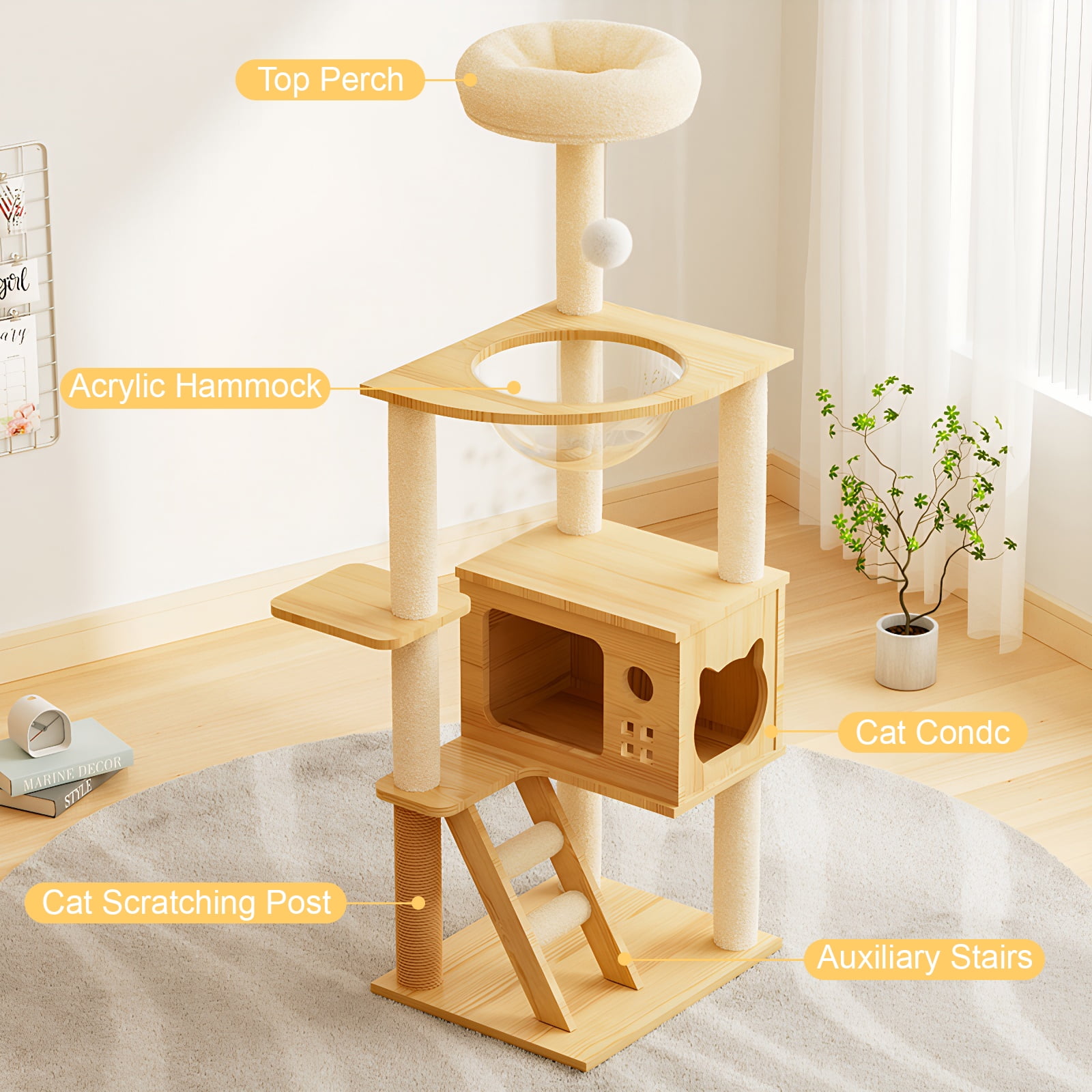 Cat Tree, 48.8 Inch Modern Cat Tower With Sisal-Covered Scratching Posts, Acrylic Hammock and Top Perch, Wood Cat Condo for Indoor Cats, Natural and White