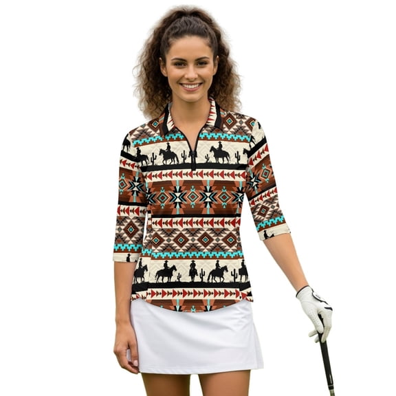HUIACONG Cowboy Quick Dry Golf Shirt Women, Quarter Zip Womens 3/4 Sleeve Golf Shirts Fashion Zip Up Collar Women's Golf Polo Shirts for Workout Sports Tennis