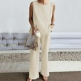 thumbnail image 6 of QUYUON Two Piece Outfits for Women Linen Long Pants Sets Solid Color Summer Sleeveless Crew Neck Tops Straight Leg Pants with Pockets 2 Piece Lounge Sets Loungewear Beige M, 6 of 6