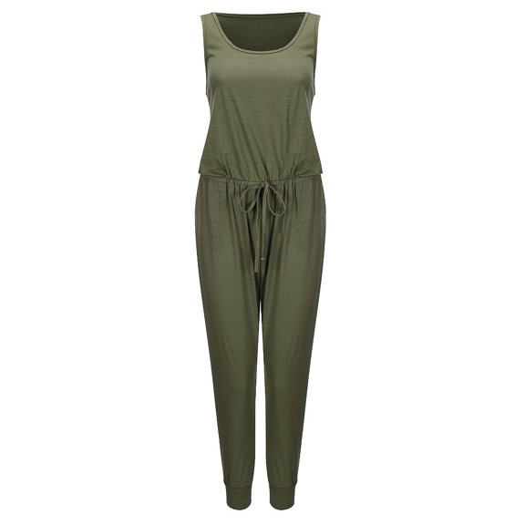 Fengqque Jumpers for Women with Clearance Overalls Casual Jumpsuits Plus Size Summer Solid Color Slim Sleeveless Round Neck Vest Jumpsuit