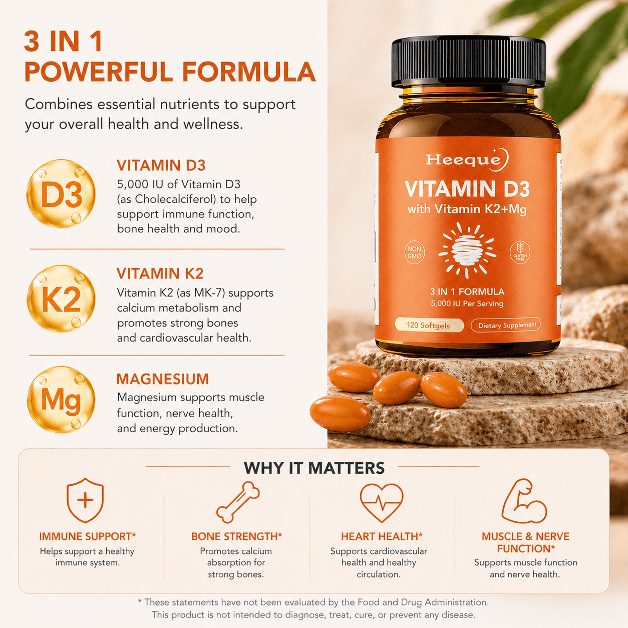 Heeque Vitamin D3 K2, D3 5000 IU, K2 200 mcg, with Magnesium Glycinate, Triple-Action High-Absorption Bone and Immune Support, 120 Softgels