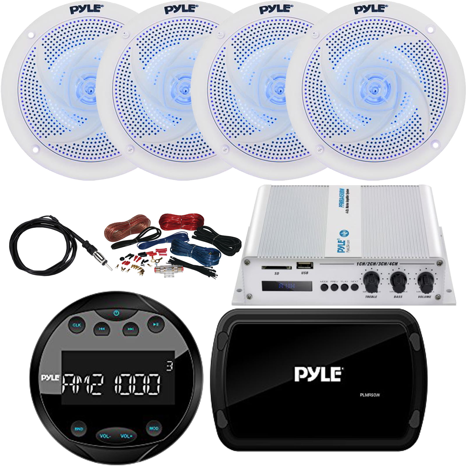 Pyle Bluetooth Marine Stereo Receiver White and 4x 6.5” Waterproof Speakers 