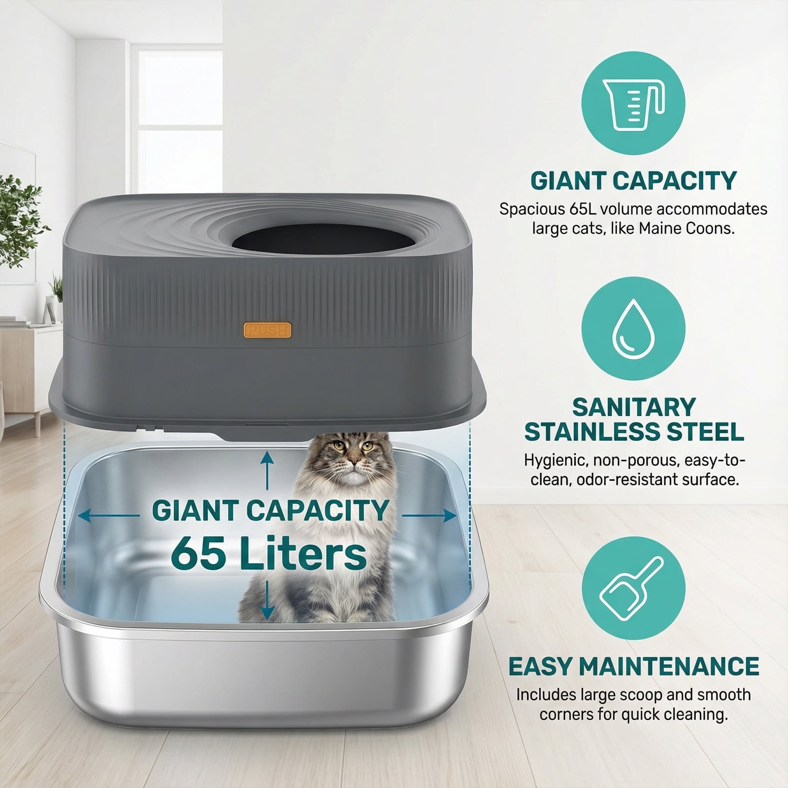 Btidfty Top-entry Stainless Steel Cat Litter Box W/lid&scoop Enclosed Bedpan (Dark Gray)